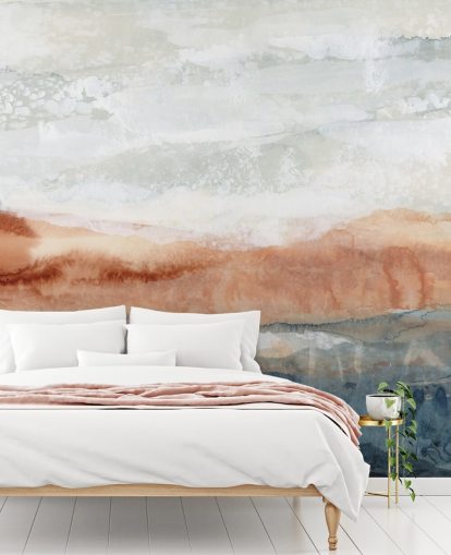 peinture murale de paysage abstraite personnalisée bleue, orange et grise appelée Sun Kissed Cove par Lara Eckerman peinture murale de paysage abstraite personnalisée bleue, orange et grise appelée Sun Kissed Cove par Lara Eckerman