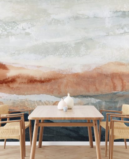 mural de paisaje abstracto personalizado azul, naranja y gris llamado Sun Kissed Cove de Lara Eckerman