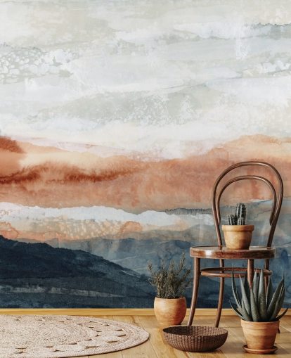 mural de paisaje abstracto personalizado azul, naranja y gris llamado Sun Kissed Cove de Lara Eckerman