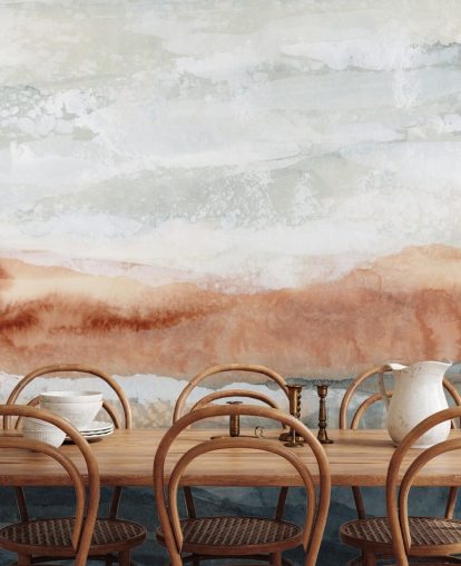 murale paesaggistico astratto personalizzato blu, arancione e grigio chiamato Sun Kissed Cove di Lara Eckerman