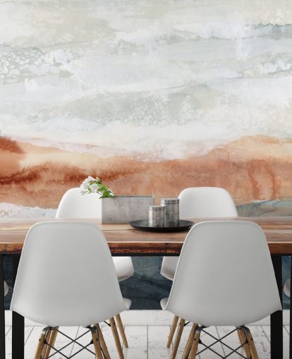 individuelles abstraktes Landschaftsgemälde in Blau, Orange und Grau namens Sun Kissed Cove von Lara Eckerman