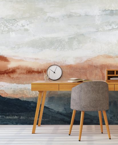 individuelles abstraktes Landschaftsgemälde in Blau, Orange und Grau namens Sun Kissed Cove von Lara Eckerman