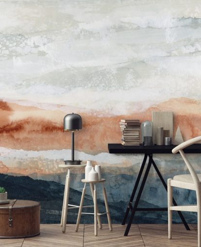 blue, orange and grey custom abstract landscape mural called Sun Kissed Cove by Lara Eckerman