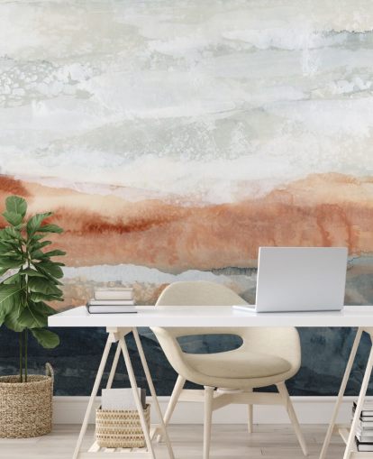 murale paesaggistico astratto personalizzato blu, arancione e grigio chiamato Sun Kissed Cove di Lara Eckerman