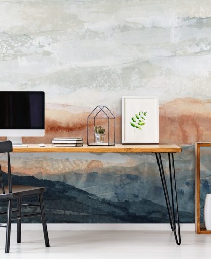 blå, orange og grå brugerdefineret abstrakt landskabsmaleri kaldet Sun Kissed Cove af Lara Eckerman