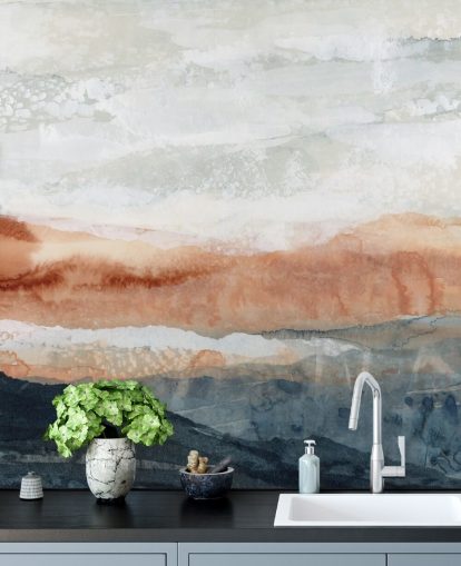 blauwe, oranje en grijze aangepaste abstracte landschapsmuurschildering genaamd Sun Kissed Cove door Lara Eckerman