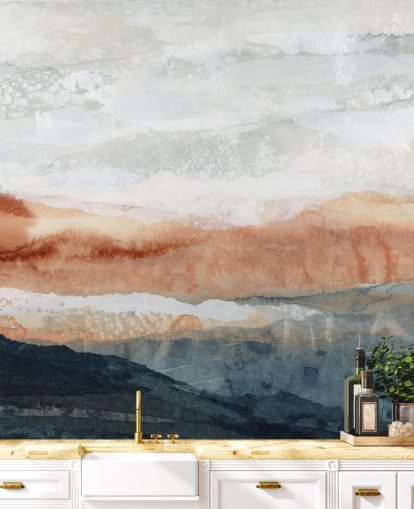 mural de paisaje abstracto personalizado azul, naranja y gris llamado Sun Kissed Cove de Lara Eckerman mural de paisaje abstracto personalizado azul, naranja y gris llamado Sun Kissed Cove de Lara Eckerman