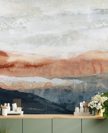 murale paesaggistico astratto personalizzato blu, arancione e grigio chiamato Sun Kissed Cove di Lara Eckerman