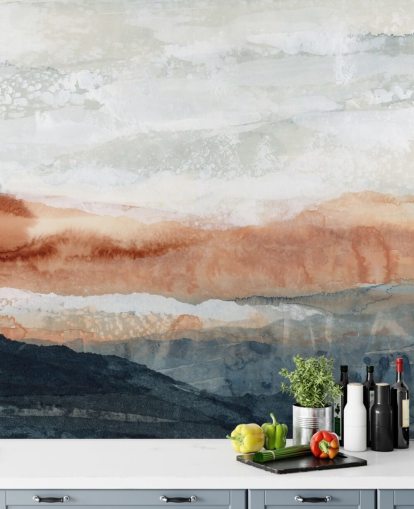 blauwe, oranje en grijze aangepaste abstracte landschapsmuurschildering genaamd Sun Kissed Cove door Lara Eckerman