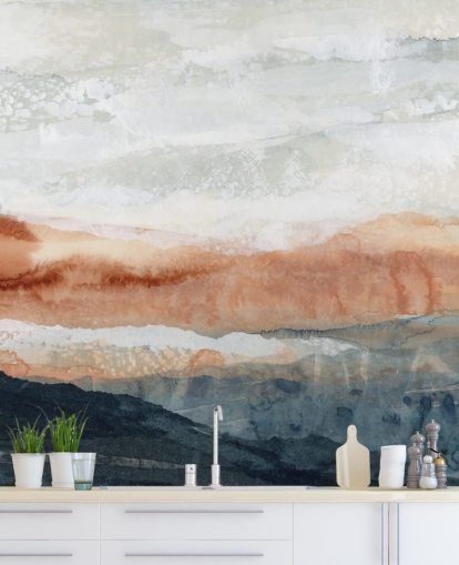 blå, orange og grå brugerdefineret abstrakt landskabsmaleri kaldet Sun Kissed Cove af Lara Eckerman