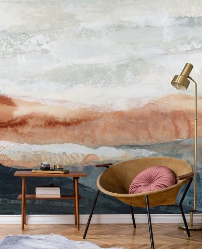 blått, oransje og grått tilpasset abstrakt landskapsmaleri kalt Sun Kissed Cove av Lara Eckerman