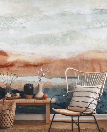 blått, oransje og grått tilpasset abstrakt landskapsmaleri kalt Sun Kissed Cove av Lara Eckerman