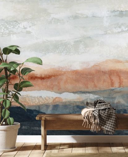 mural de paisagem abstrata personalizado em azul, laranja e cinza chamado Sun Kissed Cove, de Lara Eckerman