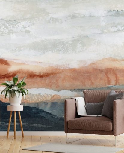 peinture murale de paysage abstraite personnalisée bleue, orange et grise appelée Sun Kissed Cove par Lara Eckerman peinture murale de paysage abstraite personnalisée bleue, orange et grise appelée Sun Kissed Cove par Lara Eckerman