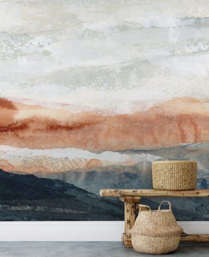 sininen, oranssi ja harmaa mukautettu abstrakti maisemamaalaus nimeltä Sun Kissed Cove, kirjoittanut Lara Eckerman sininen, oranssi ja harmaa mukautettu abstrakti maisemamaalaus nimeltä Sun Kissed Cove, kirjoittanut Lara Eckerman