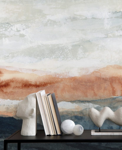 blå, orange och grå anpassad abstrakt landskapsmålning kallad Sun Kissed Cove av Lara Eckerman