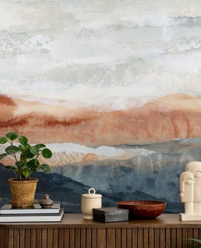 individuelles abstraktes Landschaftsgemälde in Blau, Orange und Grau namens Sun Kissed Cove von Lara Eckerman