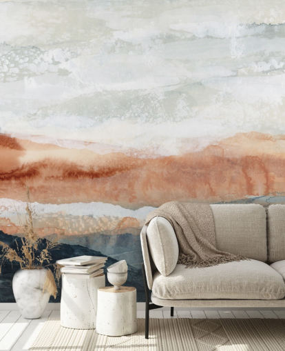 mural de paisagem abstrata personalizado em azul, laranja e cinza chamado Sun Kissed Cove, de Lara Eckerman