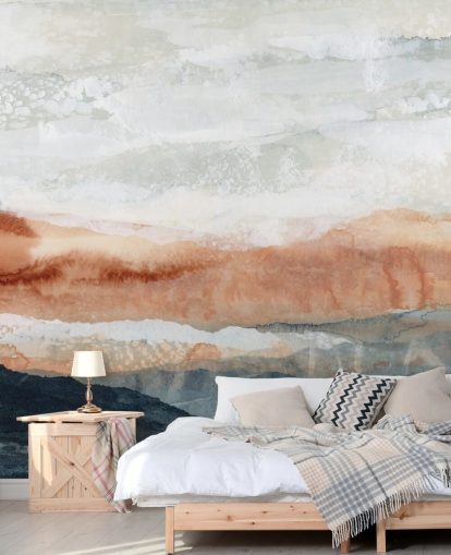 murale paesaggistico astratto personalizzato blu, arancione e grigio chiamato Sun Kissed Cove di Lara Eckerman murale paesaggistico astratto personalizzato blu, arancione e grigio chiamato Sun Kissed Cove di Lara Eckerman