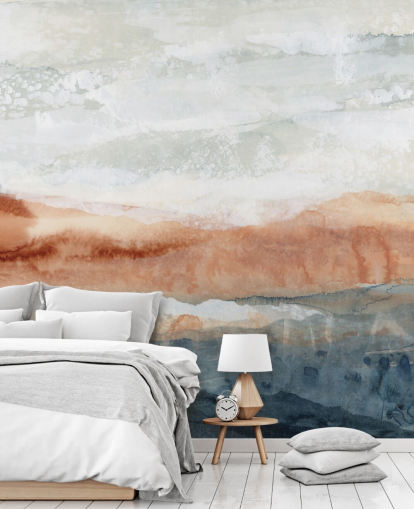 blå, orange och grå anpassad abstrakt landskapsmålning kallad Sun Kissed Cove av Lara Eckerman blå, orange och grå anpassad abstrakt landskapsmålning kallad Sun Kissed Cove av Lara Eckerman