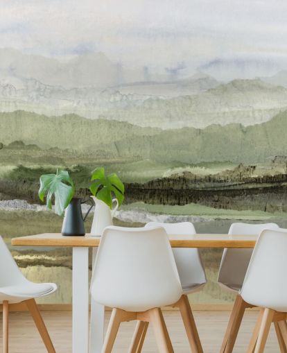 mural abstrato personalizado verde chamado Wandering Grove de Lara Eckerman para quartos, salas de jantar e muito mais