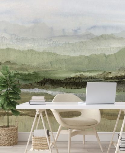 green custom abstract mural called Wandering Grove by Lara Eckerman for bedrooms, dining rooms and more