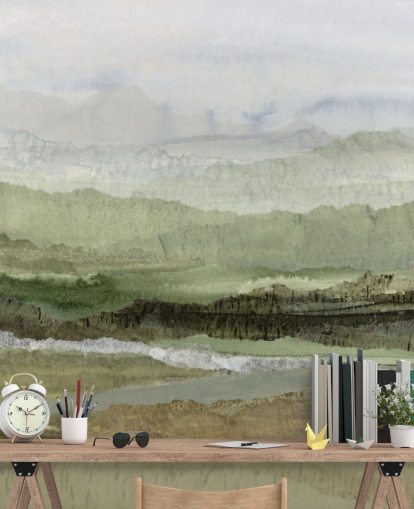 green custom abstract mural called Wandering Grove by Lara Eckerman for bedrooms, dining rooms and more