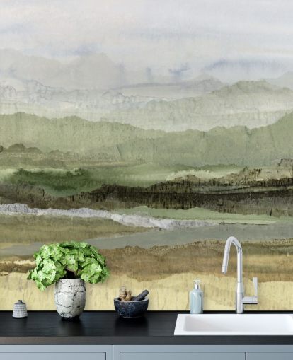 green custom abstract mural called Wandering Grove by Lara Eckerman for bedrooms, dining rooms and more