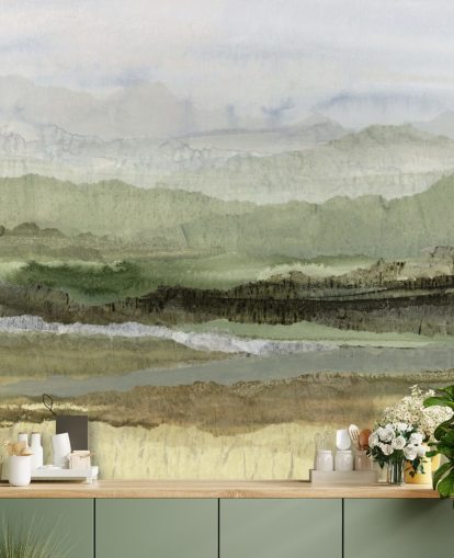 groene abstracte muurschildering op maat genaamd Wandering Grove van Lara Eckerman voor slaapkamers, eetkamers en meer