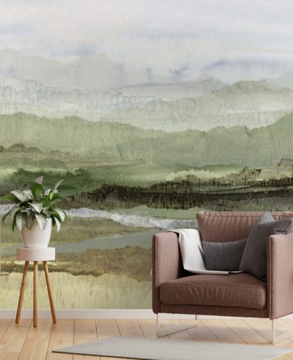 mural abstrato personalizado verde chamado Wandering Grove de Lara Eckerman para quartos, salas de jantar e muito mais