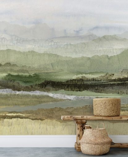 grünes maßgeschneidertes abstraktes Wandbild namens Wandering Grove von Lara Eckerman für Schlafzimmer, Esszimmer und mehr