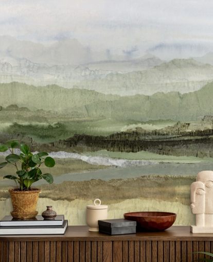 murale astratto personalizzato verde chiamato Wandering Grove di Lara Eckerman per camere da letto, sale da pranzo e altro