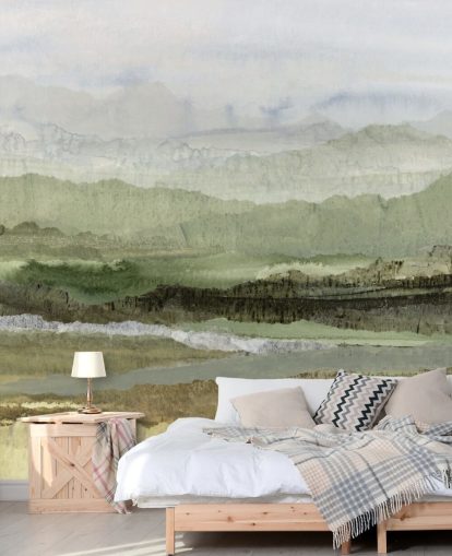 murale astratto personalizzato verde chiamato Wandering Grove di Lara Eckerman per camere da letto, sale da pranzo e altro