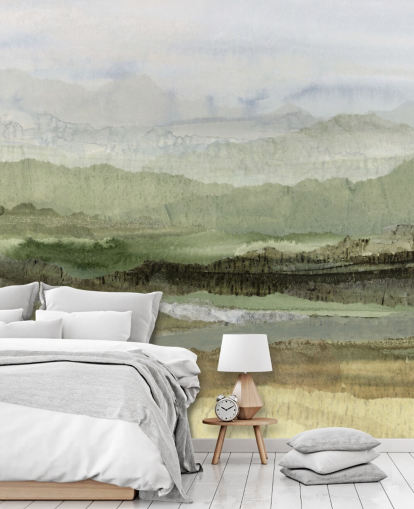 green custom abstract mural called Wandering Grove by Lara Eckerman for bedrooms, dining rooms and more