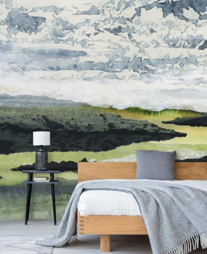 grønt, blåt og hvidt abstrakt landskabsmaleri kaldet Winding River af Lara Eckerman