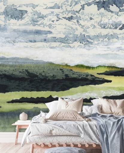 murale con paesaggio astratto verde, blu e bianco chiamato Winding River di Lara Eckerman murale con paesaggio astratto verde, blu e bianco chiamato Winding River di Lara Eckerman