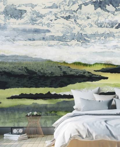 mural de paisaje abstracto verde, azul y blanco llamado Winding River de Lara Eckerman