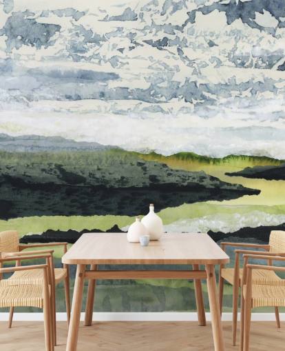 green, blue and white abstract landscape mural called Winding River by Lara Eckerman