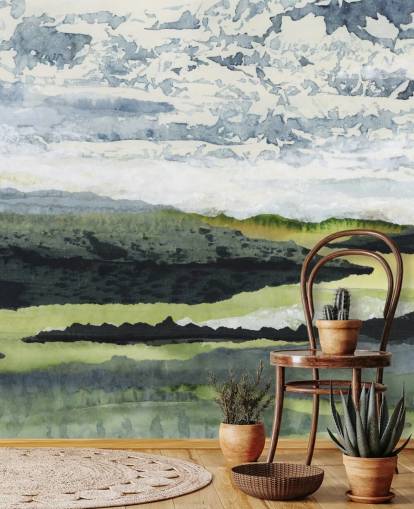 Grünes, blaues und weißes abstraktes Landschaftsgemälde namens Winding River von Lara Eckerman