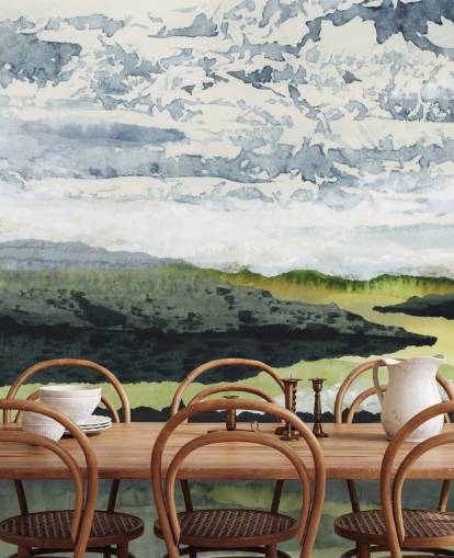 green, blue and white abstract landscape mural called Winding River by Lara Eckerman