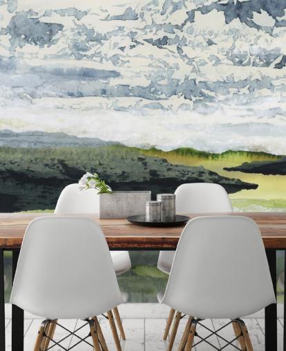 murale con paesaggio astratto verde, blu e bianco chiamato Winding River di Lara Eckerman murale con paesaggio astratto verde, blu e bianco chiamato Winding River di Lara Eckerman