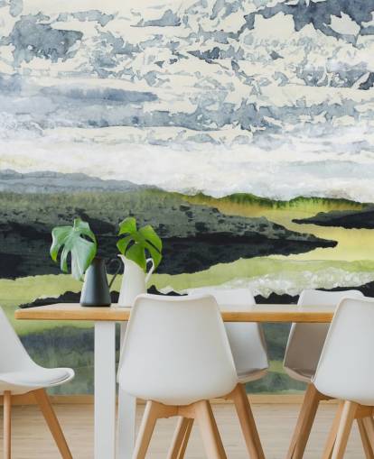 grön, blå och vit abstrakt landskapsmålning kallad Winding River av Lara Eckerman grön, blå och vit abstrakt landskapsmålning kallad Winding River av Lara Eckerman