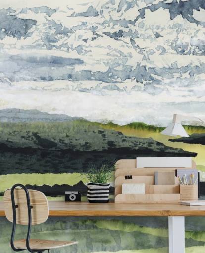 peinture murale abstraite verte, bleue et blanche intitulée Winding River par Lara Eckerman