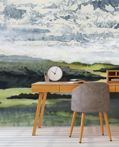 grønt, blåt og hvidt abstrakt landskabsmaleri kaldet Winding River af Lara Eckerman