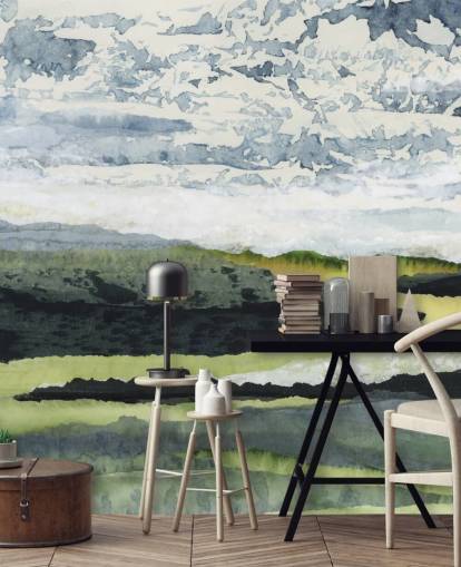 green, blue and white abstract landscape mural called Winding River by Lara Eckerman