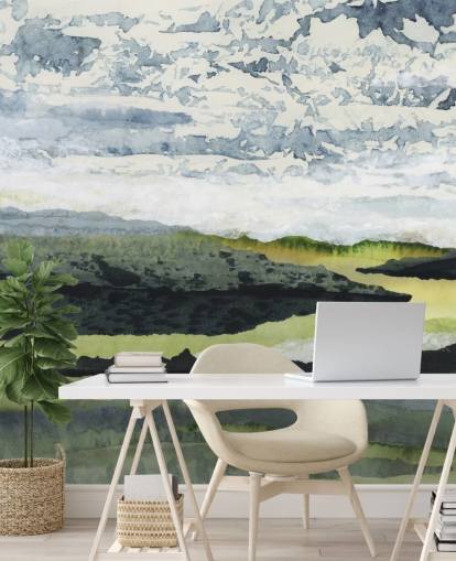 grønt, blått og hvitt abstrakt landskapsmaleri kalt Winding River av Lara Eckerman