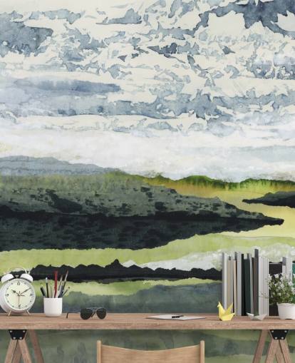 grønt, blått og hvitt abstrakt landskapsmaleri kalt Winding River av Lara Eckerman grønt, blått og hvitt abstrakt landskapsmaleri kalt Winding River av Lara Eckerman