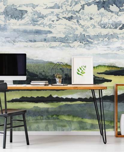 grønt, blått og hvitt abstrakt landskapsmaleri kalt Winding River av Lara Eckerman