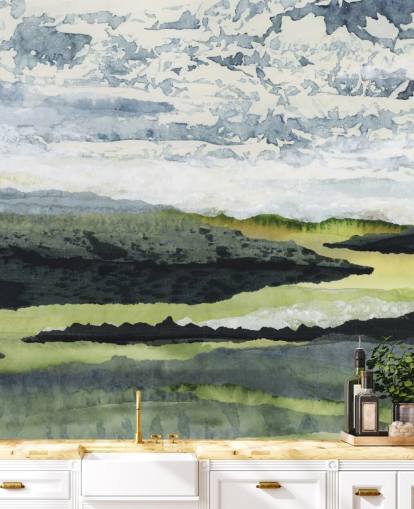 green, blue and white abstract landscape mural called Winding River by Lara Eckerman