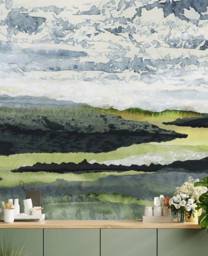 green, blue and white abstract landscape mural called Winding River by Lara Eckerman